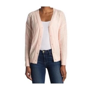 FRNCH Paris V-Neck Pointelle Women's Cardigan Sweater Pink Size Small NWT